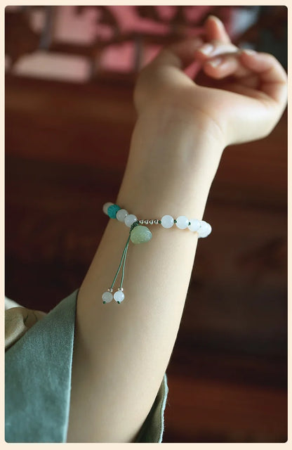 White Hetian Jade Lotus Beaded Bracelet — Handmade Feng Shui Crystal