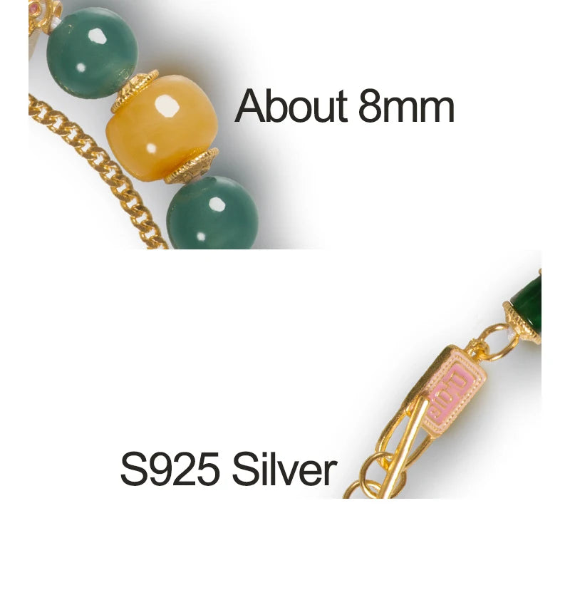 Chicken-Oil Yellow Amber Bracelet with Blue Jade Leaf Inlay