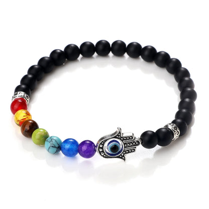 6mm天然石七脉轮弹力手链｜掌形邪眼护符 男女通用