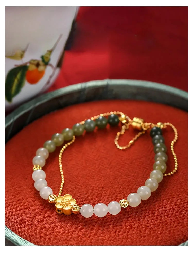 Peach Blossom Hotan Jade Hand-String Bracelet — Romance & Protection
