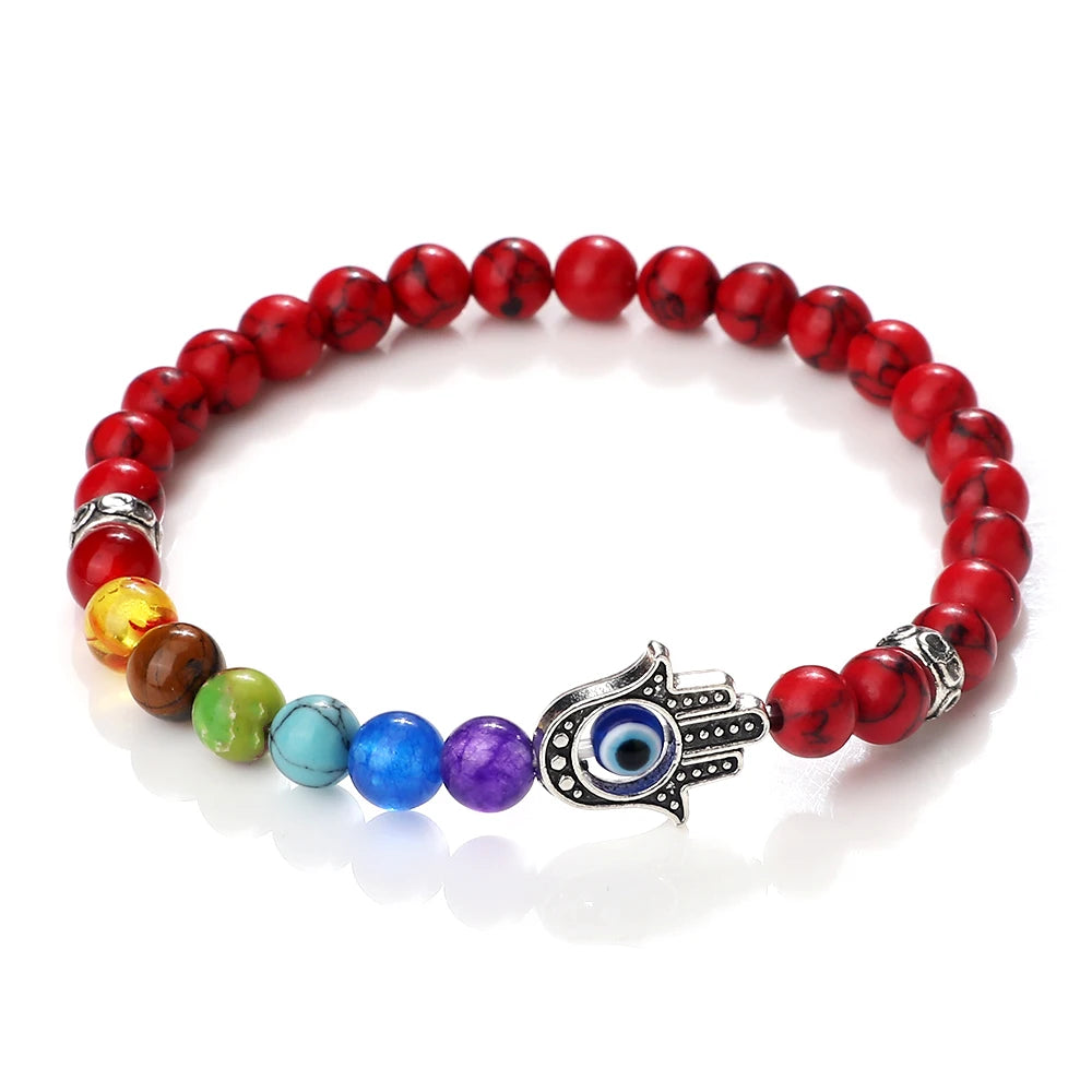 6mm天然石七脉轮弹力手链｜掌形邪眼护符 男女通用