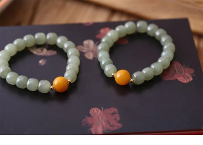 Natural Hetian Jade Green Bead Bracelet — Handmade Lucky Strand