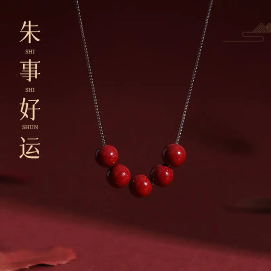 Natural Cinnabar Water-Drop Pendant Necklace｜Silver Chain Lucky Beads