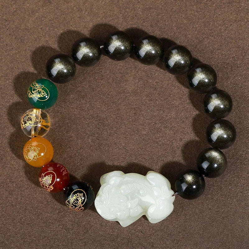 Natural Bracelet For Male High End Hotan Jade Pixiu Attracts Money And Obsidian Five Way God Of Wealth Buddha Beads Give Gifts