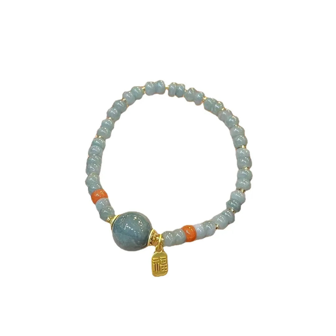 Blue Water Jade Bead Bracelet — Fu Charm for Fortune