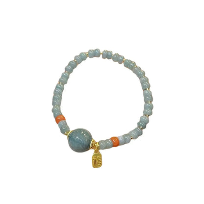 Blue Water Jade Bead Bracelet — Fu Charm for Fortune