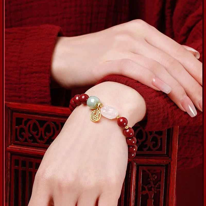 Double-Layer Southern Red Hotan Jade Bracelet with Rabbit Charm