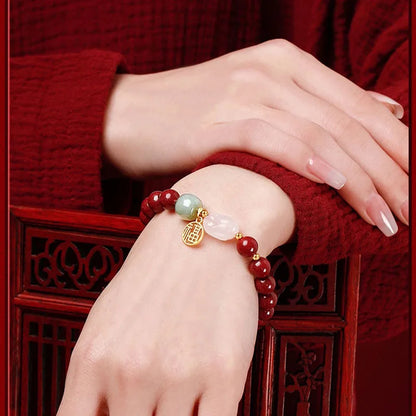 Double-Layer Southern Red Hotan Jade Bracelet with Rabbit Charm