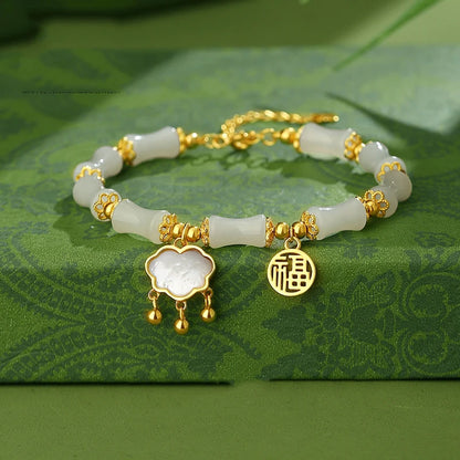 Hetian Olive Jade Bracelet - Bamboo Knot Adjustable Charm