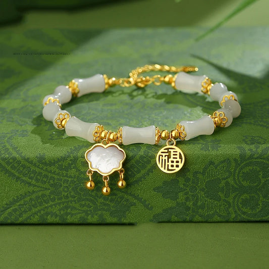 Hetian Olive Jade Bracelet - Bamboo Knot Adjustable Charm