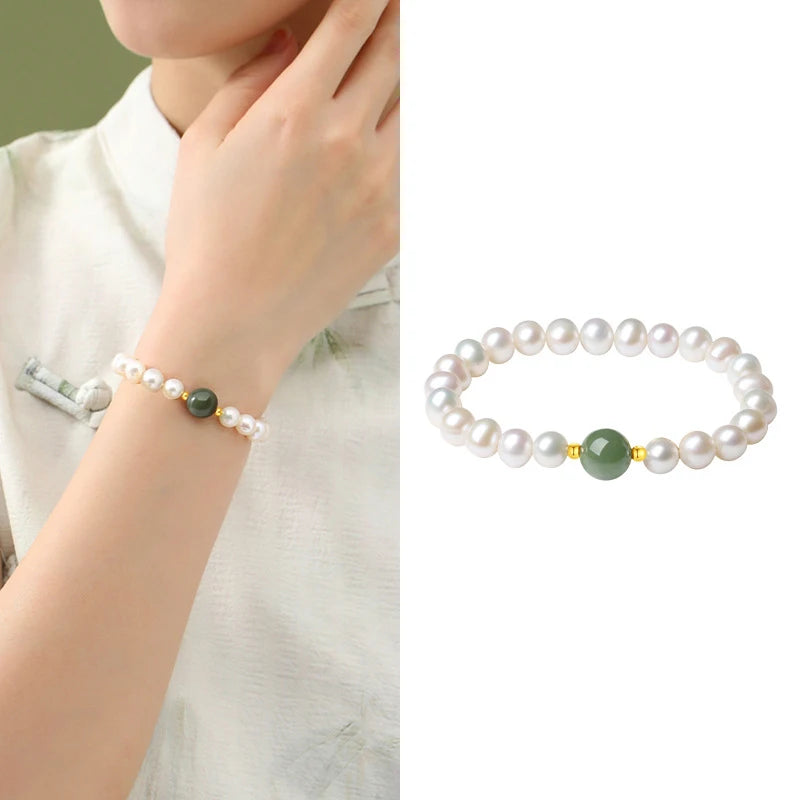 Hetian (Hotan) Jade 10mm & Freshwater Pearl Bracelet — Retro Feng Shui Charm