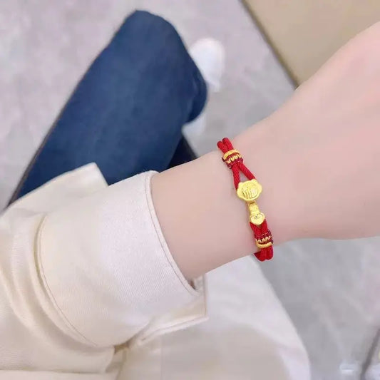 Ruyi Fu Garnet Bracelet - Golden Woven Red & Black Amulet