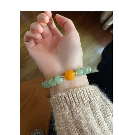 Natural Hetian Jade Green Bead Bracelet — Handmade Lucky Strand