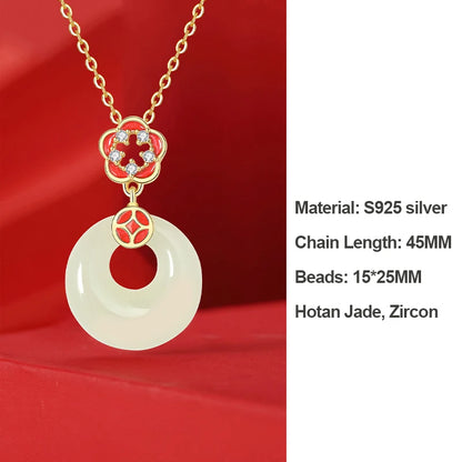 Hollowed Flower Hetian Jade Pendant Necklace – Copper Coin Charm