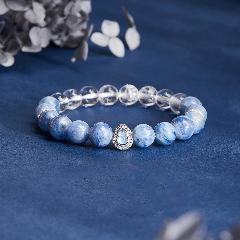 Natural White Crystal Blue Bead Calabash Bracelet | Spiritual Protection & Vintage Elegance