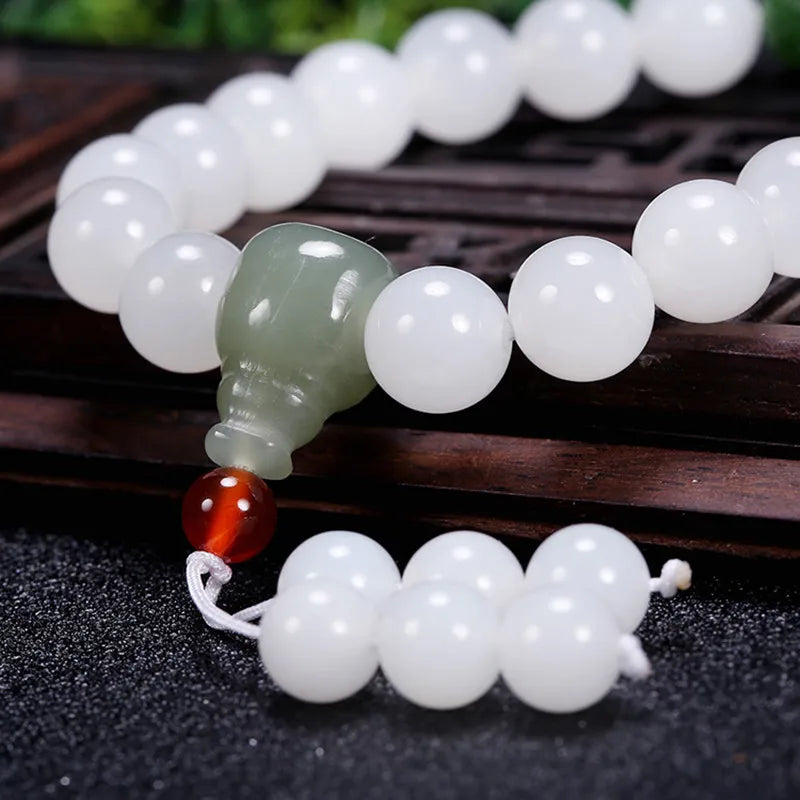 Hetian White Jade Flower Pendant Bracelet｜10mm Natural Bead Set