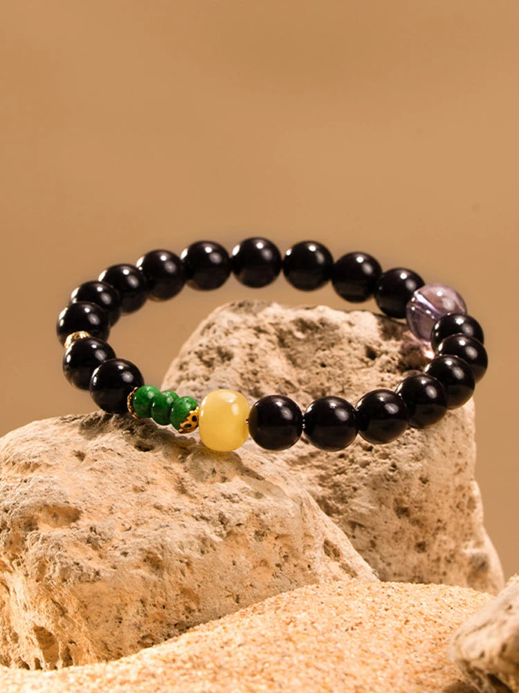 Obsidian & Purple Sandalwood Bracelet with 925 Needle