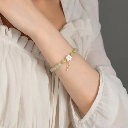 Peach Blossom Pearl & Hetian Jade Hand‑Woven Tassel Bracelet