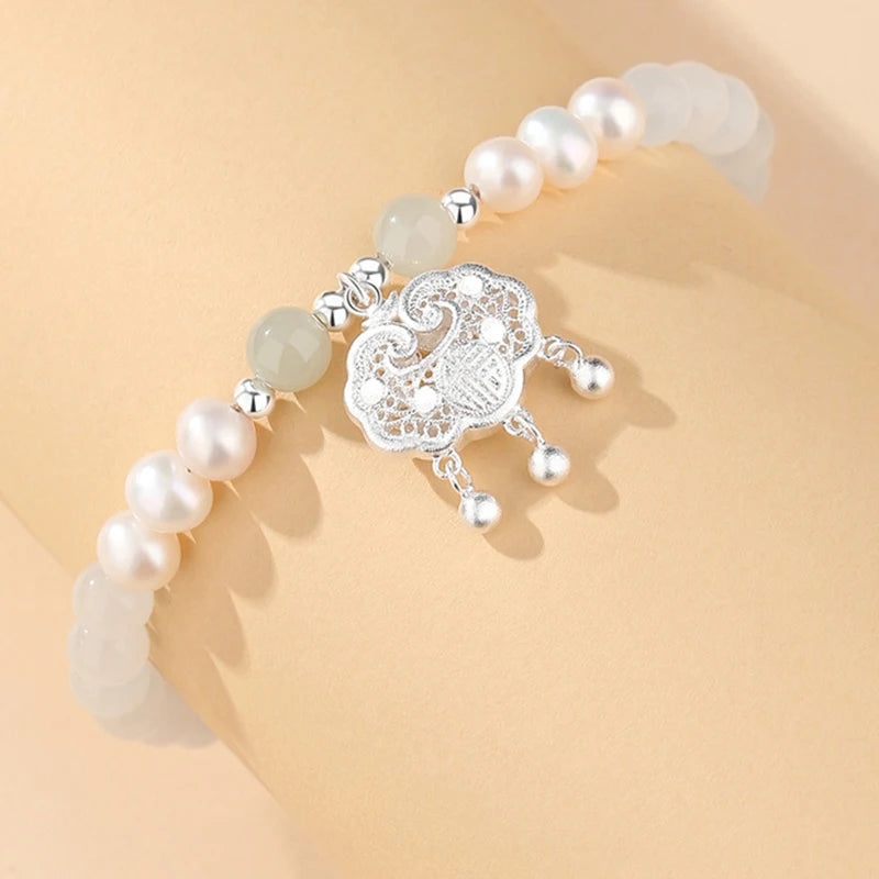 Cat's Eye & Freshwater Pearl 925 Peace-Lock Beaded Bracelet for Women