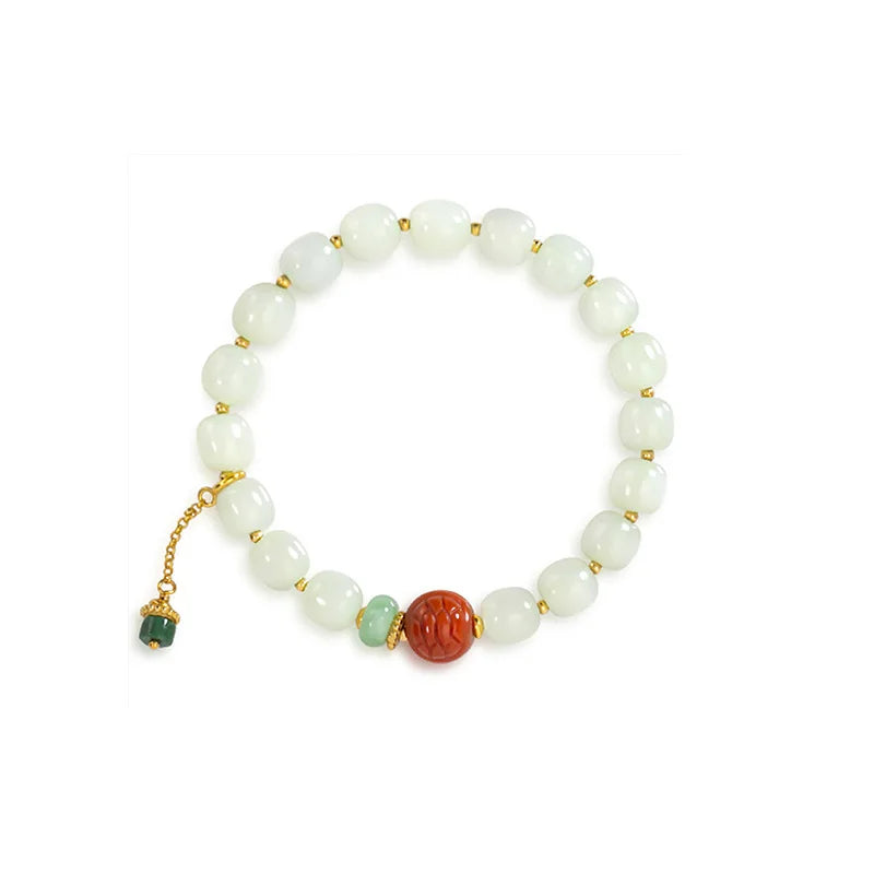 White Jade & Green Jasper Amber Beaded Bracelet - Vintage Charm