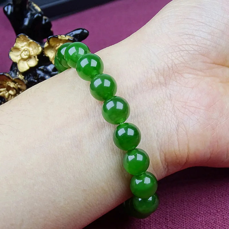 Natural Green Jadeite Round Bead Bracelet with Hand Charm ｜ Adjustable Unisex Lucky Bangle