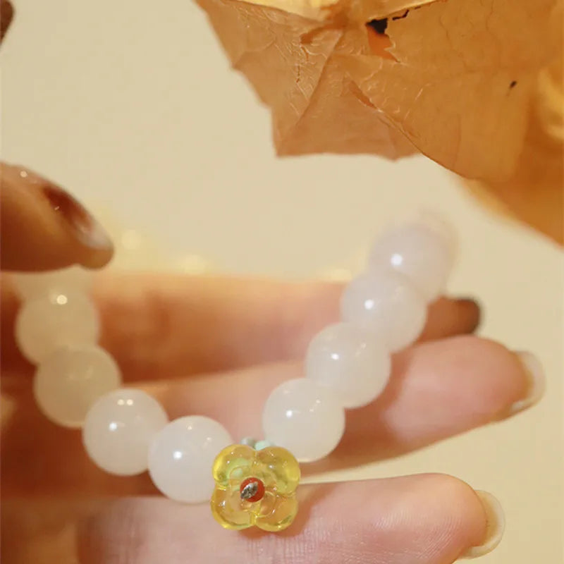 Hetian White Jade 10mm Bead Bracelet — Cinnamon Knot Blessing Gift