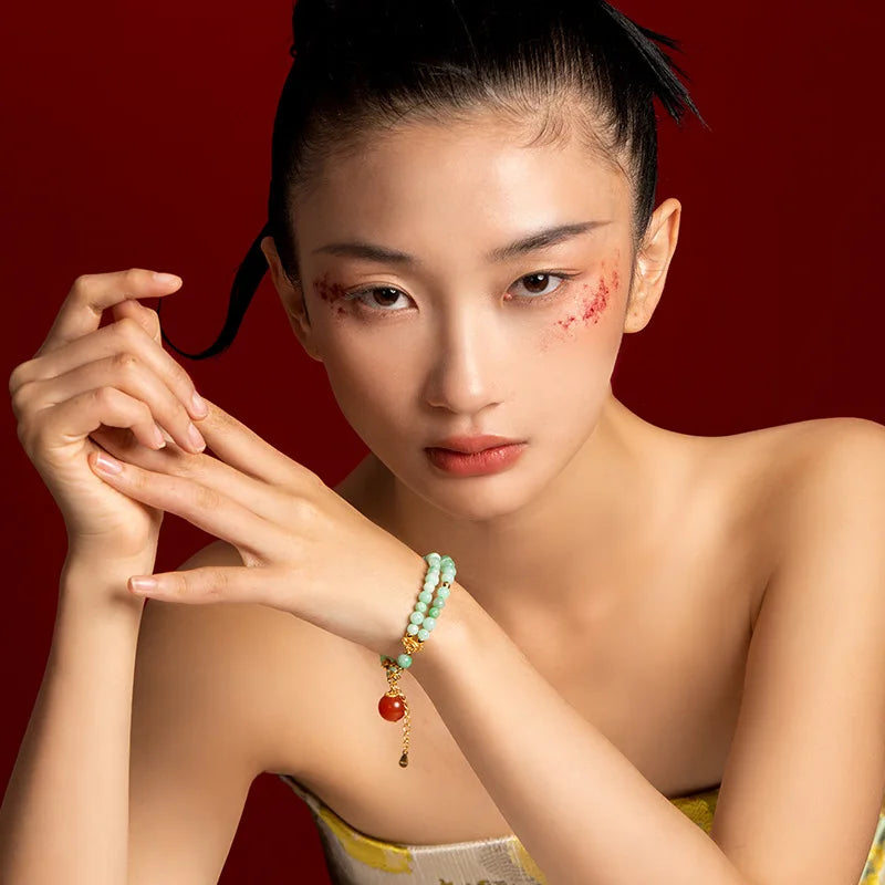 Double-Loop Hetian Jade Bracelet — S925 18K Gold Plated Nanhong 5mm