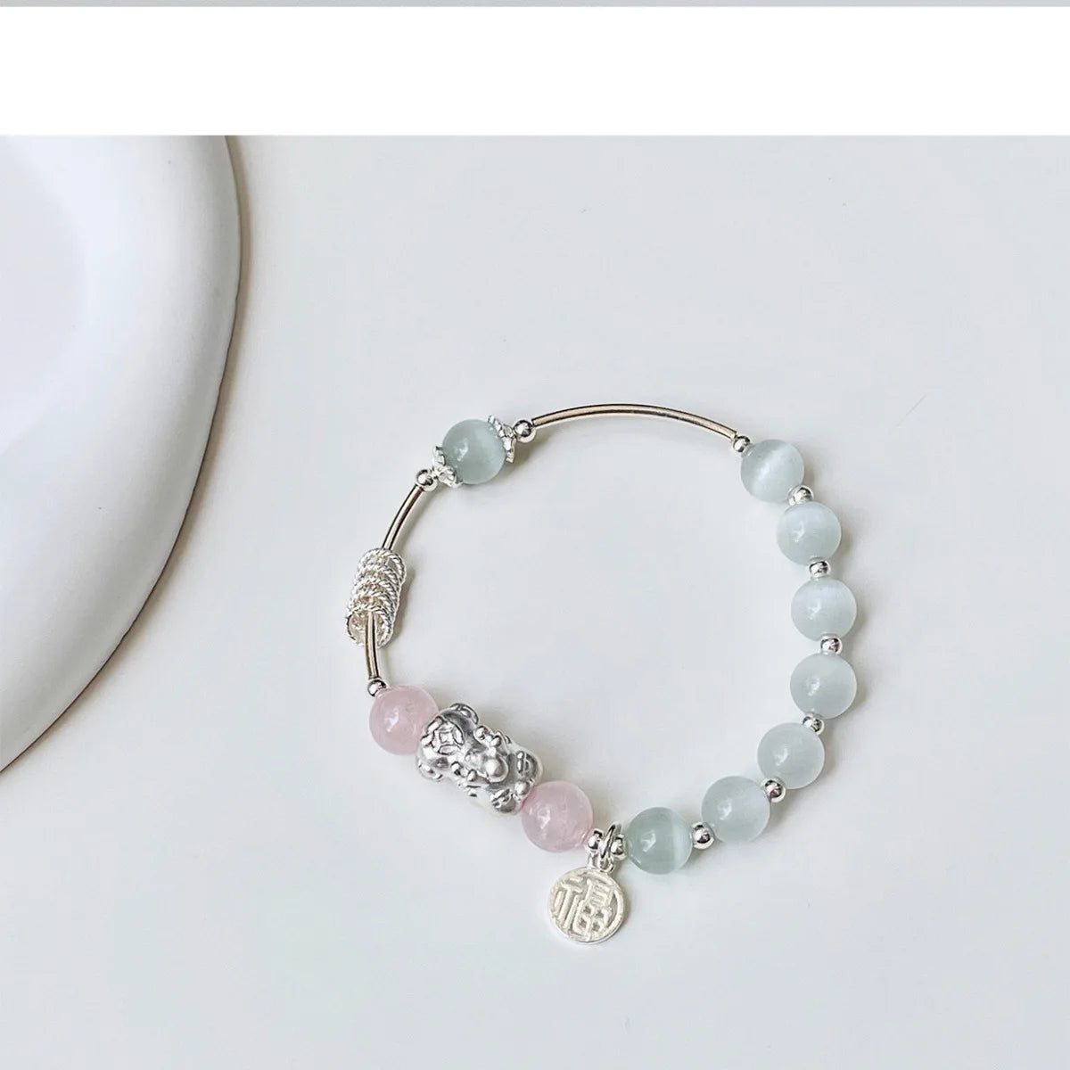 Antique Silver White-Blue Chalcedony Bead Bracelet — Court Style