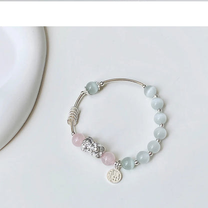 Antique Silver White-Blue Chalcedony Bead Bracelet — Court Style