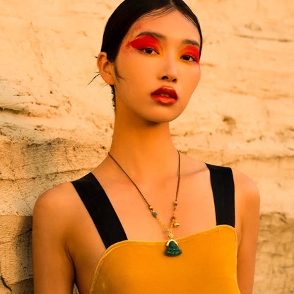 Green Jade-Look Smile Buddha Choker - Lucky Titanium Chain