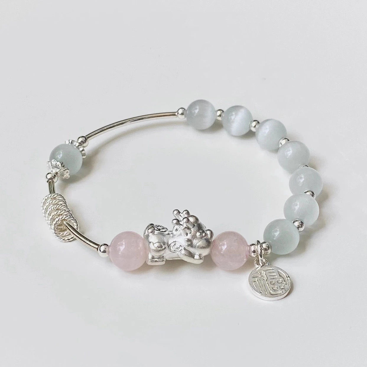 Antique Silver White-Blue Chalcedony Bead Bracelet — Court Style