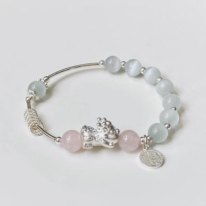 Antique Silver White-Blue Chalcedony Bead Bracelet — Court Style