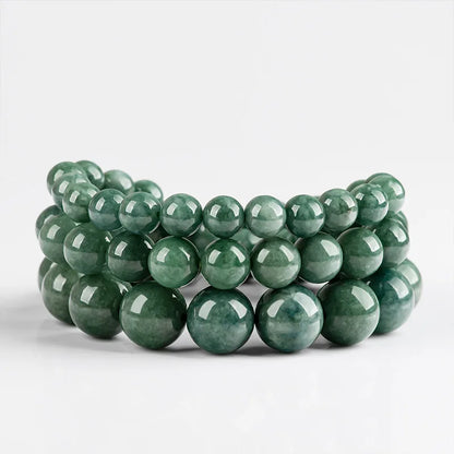 Green Ice Seed Jade Deep-Bean Round Bead Bracelet｜Unisex Feng Shui Charm