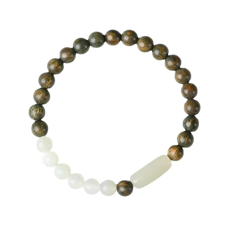 Small Leaf Red Sandalwood & Fatty Jade Unisex Bead Bracelet