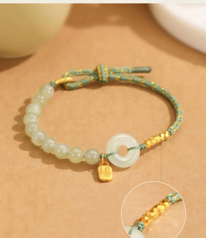 Natural Hetian Jade Lucky Buckle Braided Bracelet for Women