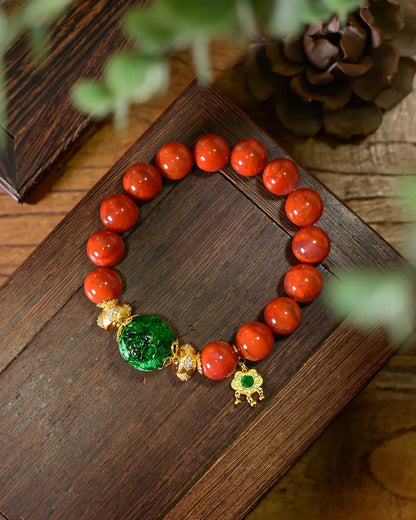 天然四川南红玛瑙与A货翡翠回纹转运手链·925银招财护身饰