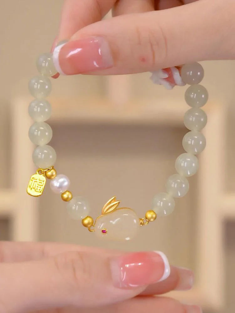 Natural Hetian Jade Bracelet for Women ｜ Vintage Boho Stone Beads Gift