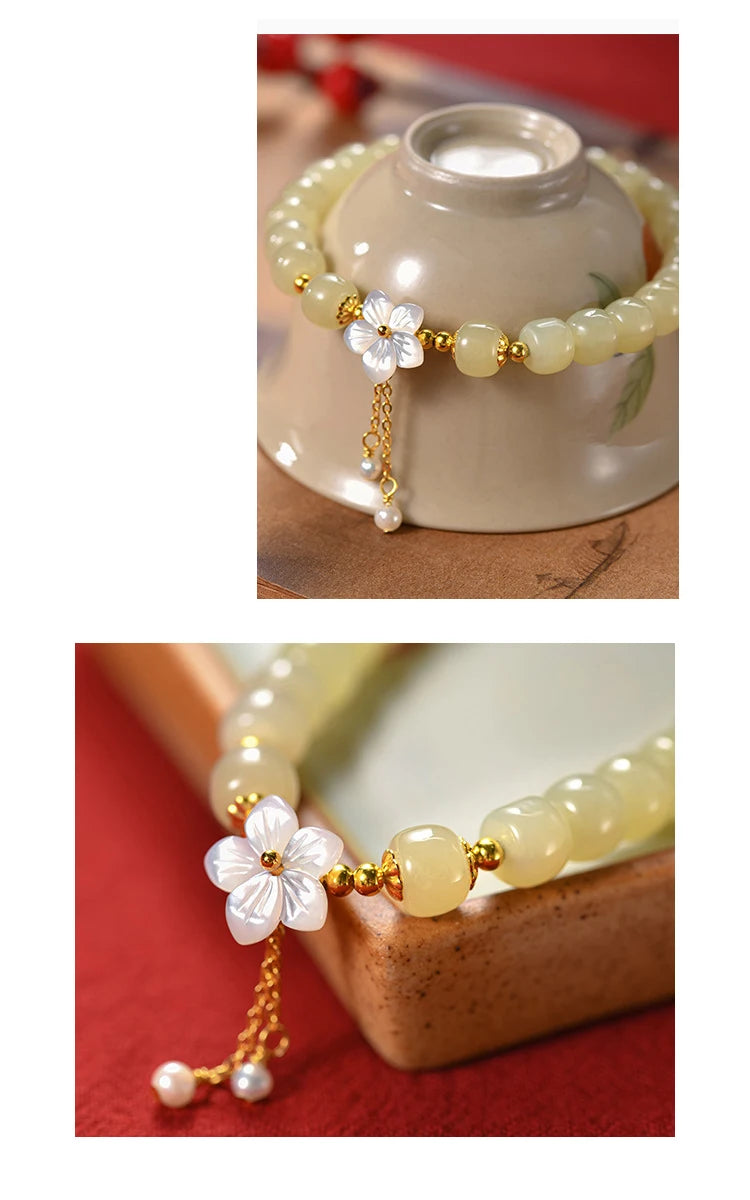 Peach Blossom Pearl & Hetian Jade Hand‑Woven Tassel Bracelet
