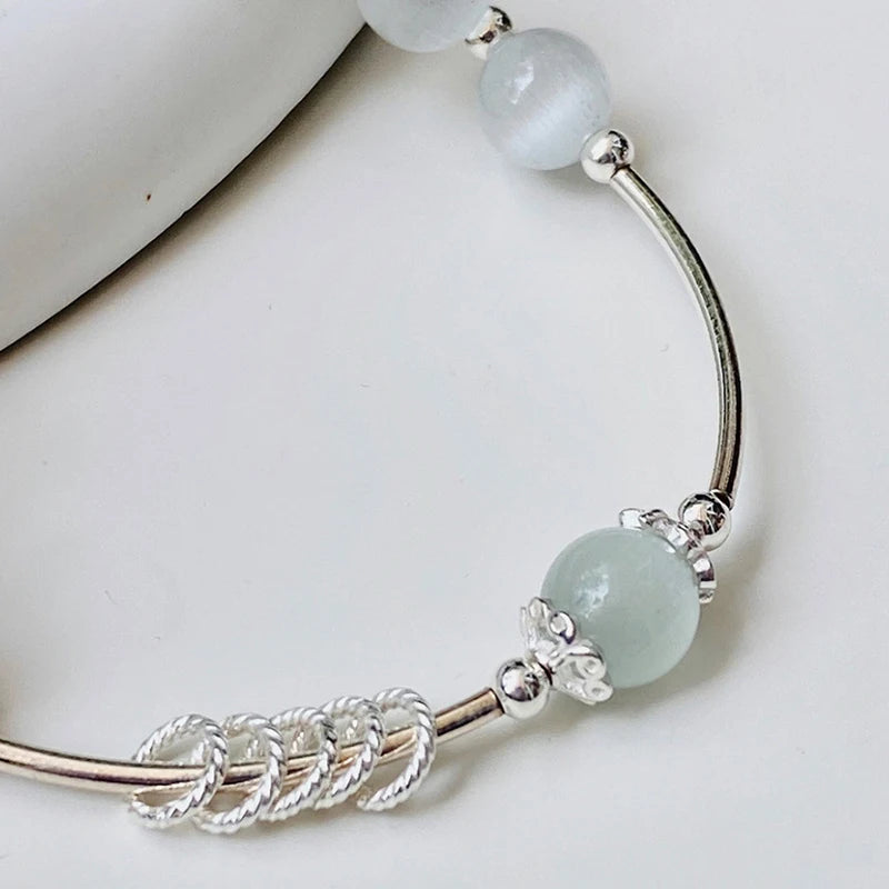 Antique Silver White-Blue Chalcedony Bead Bracelet — Court Style