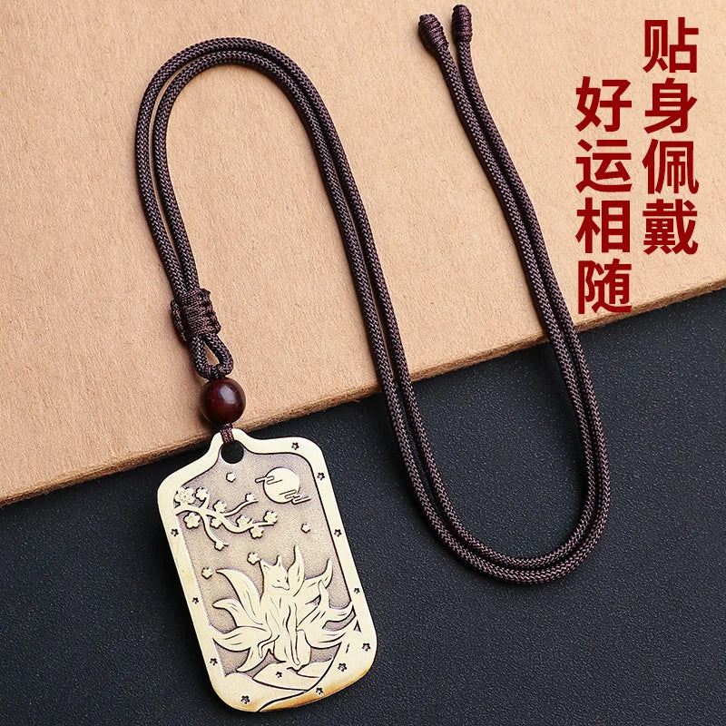 Taoist Peach Blossom Brass Necklace & Fox Keychain Set
