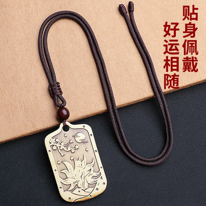 Taoist Peach Blossom Brass Necklace & Fox Keychain Set