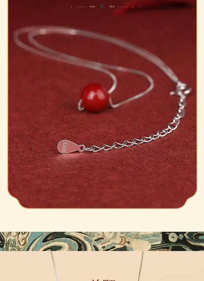 Natural Cinnabar Water-Drop Pendant Necklace｜Silver Chain Lucky Beads
