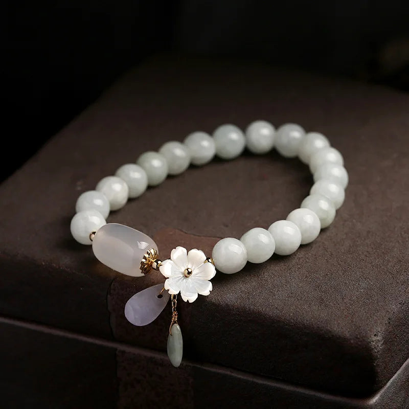 Water Drop Shell Flower Pendant Bracelet Woman Natural Jade Emerald Agate Beads Bracelet Adjustable Bangle Charm Jewelry