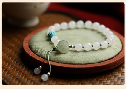 White Hetian Jade Lotus Beaded Bracelet — Handmade Feng Shui Crystal