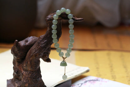 Hetian Jade Lotus Pendant 8mm Round Bead Bracelet — Elegant Charm for Women