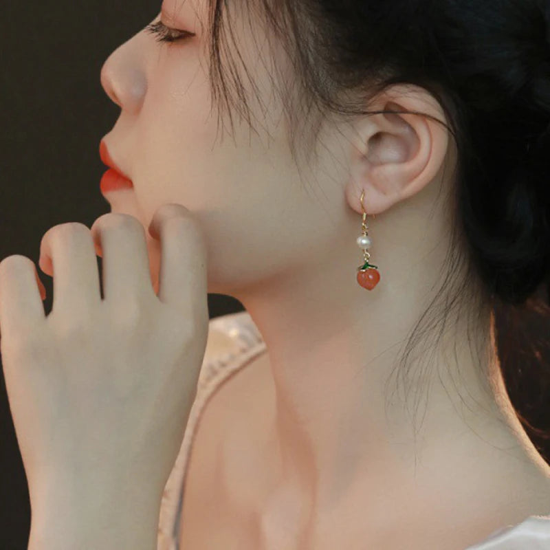 Red Agate Peach Jade Hook Earrings - Vintage Pearl Gift