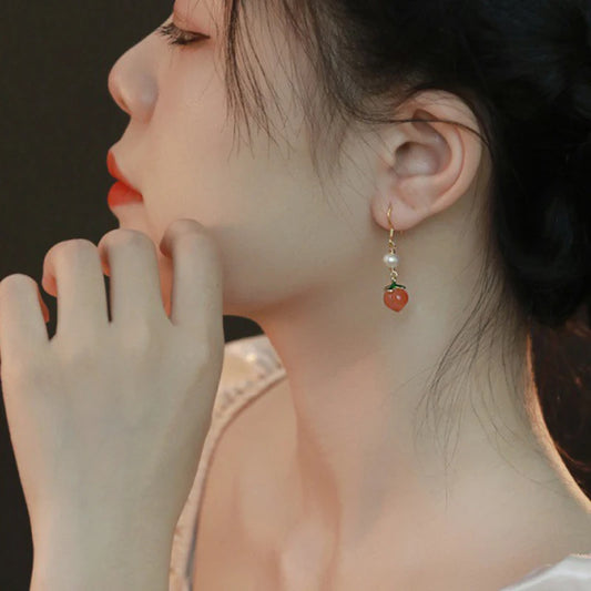 Red Agate Peach Jade Hook Earrings - Vintage Pearl Gift