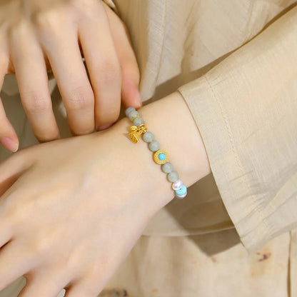 Hetian Jade Lotus Pendant with Pearl Green Bead Bracelet