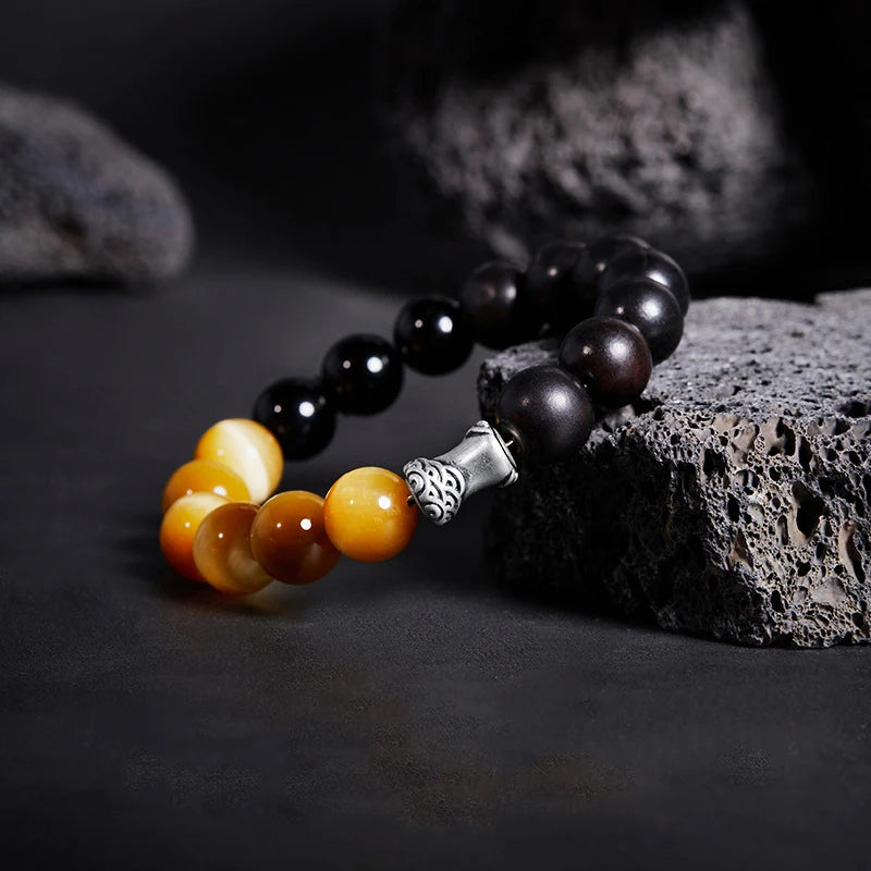 Men Bicolor Tiger Eye & Obsidian Tree of Life Bracelet - Lucky Crystal