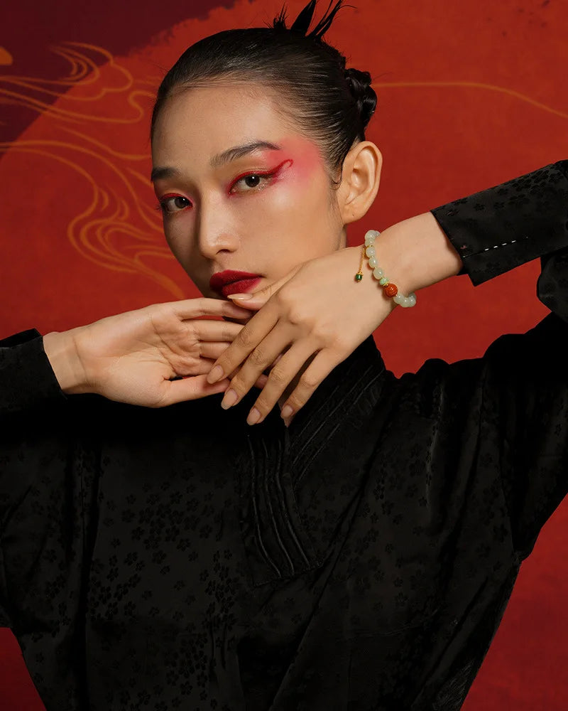 White Jade & Green Jasper Amber Beaded Bracelet - Vintage Charm